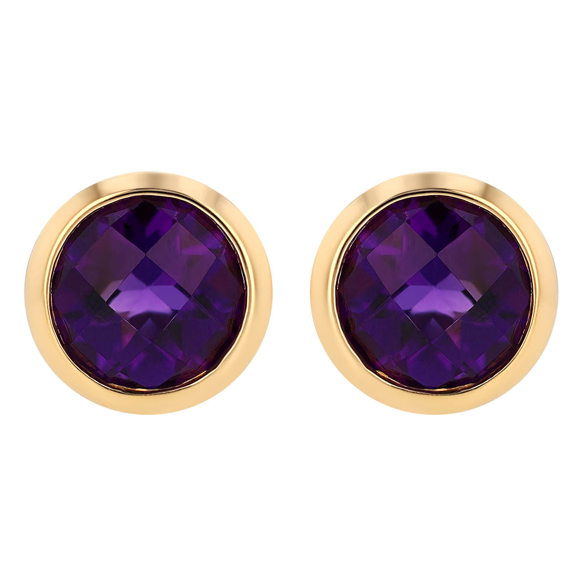 Round Checkerboard Amethyst Bezel Set Stud Earrings in Yellow Gold