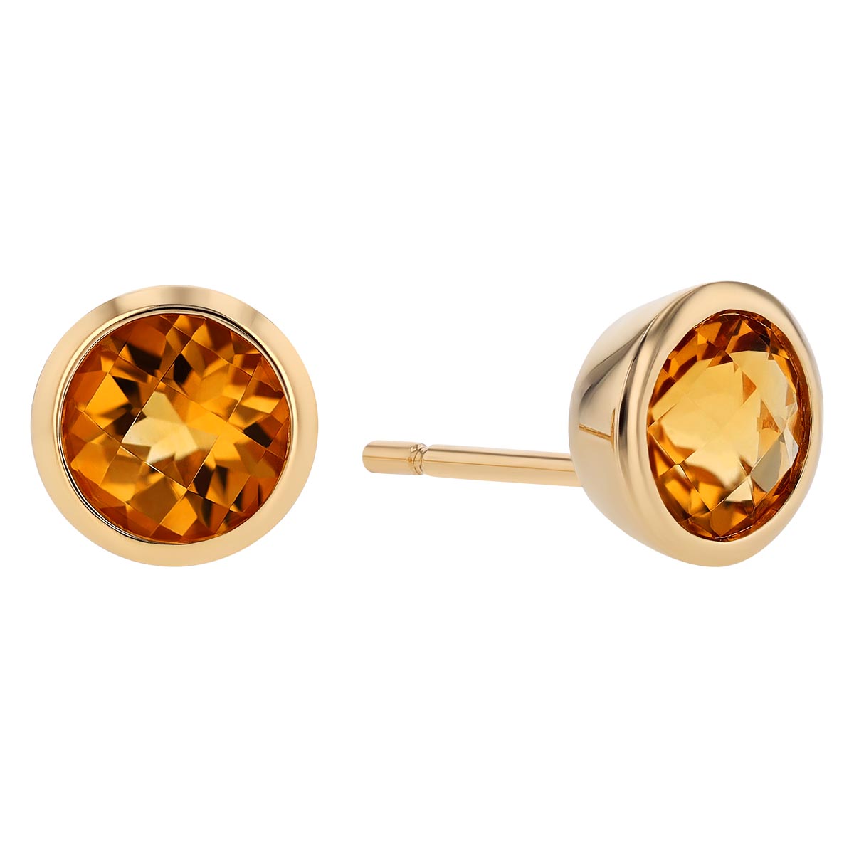Round Checkerboard Citrine Bezel Set Stud Earrings in Yellow Gold