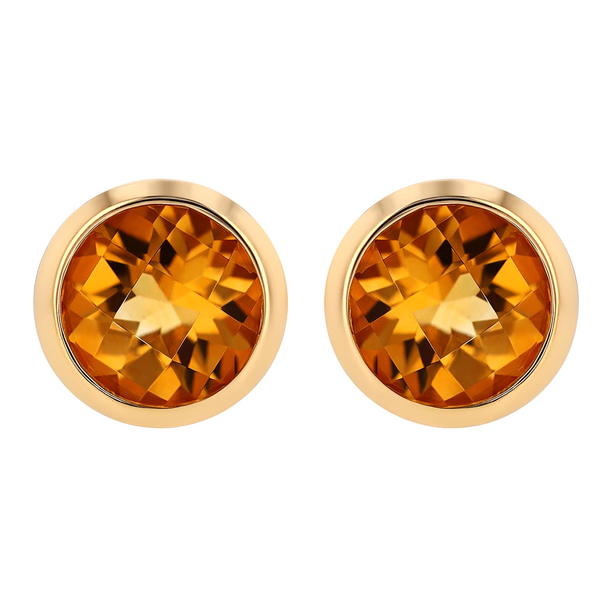 Round Checkerboard Citrine Bezel Set Stud Earrings in Yellow Gold