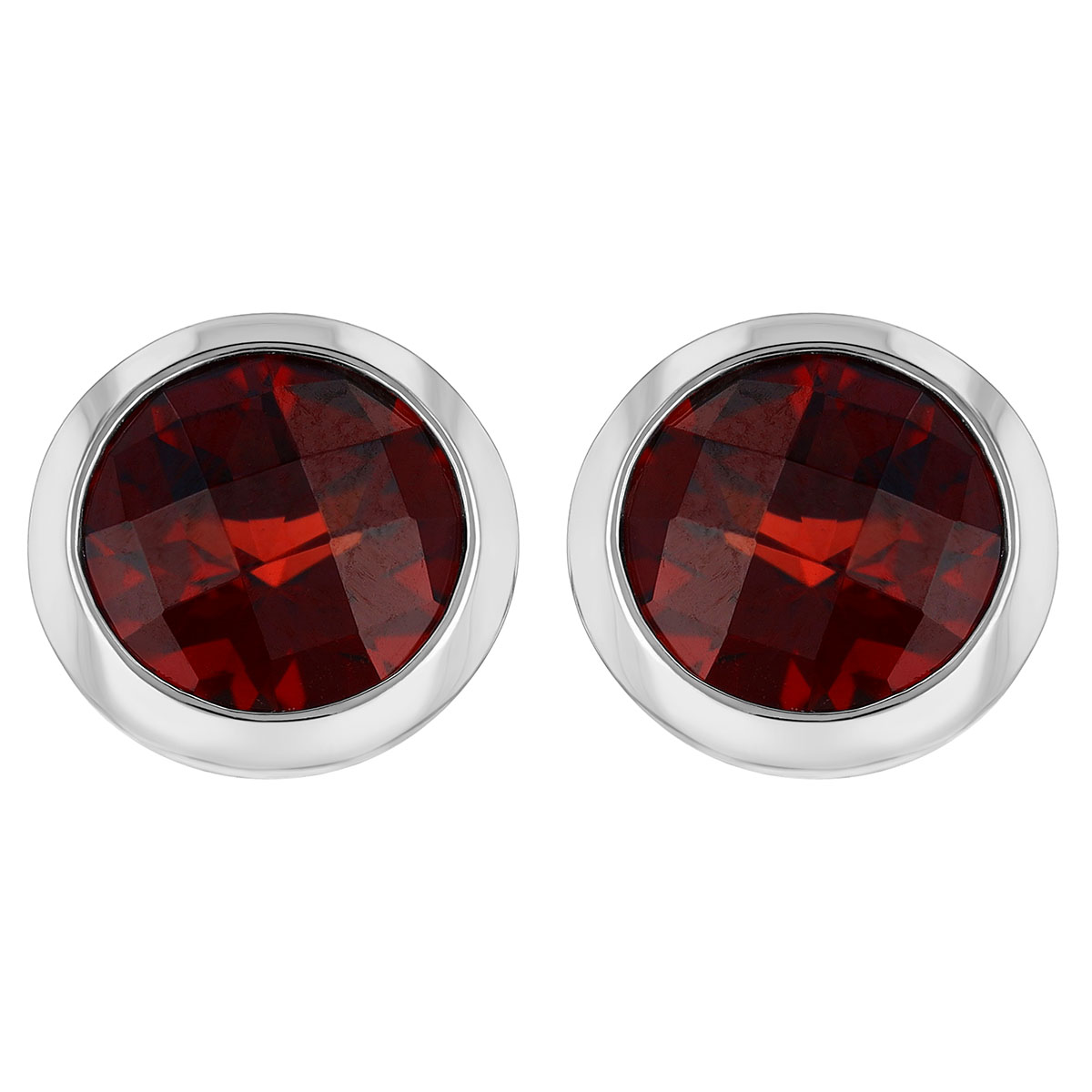 Round Checkerboard Garnet Bezel Set Stud Earrings in White Gold