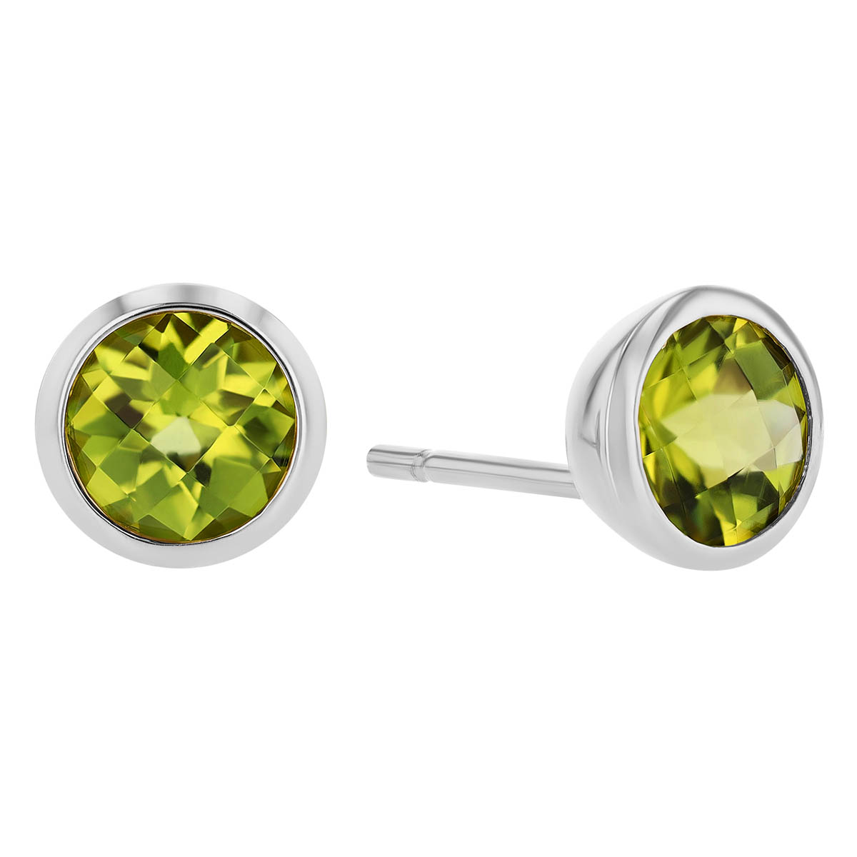 Round Checkerboard Peridot Bezel Set Stud Earrings in White Gold