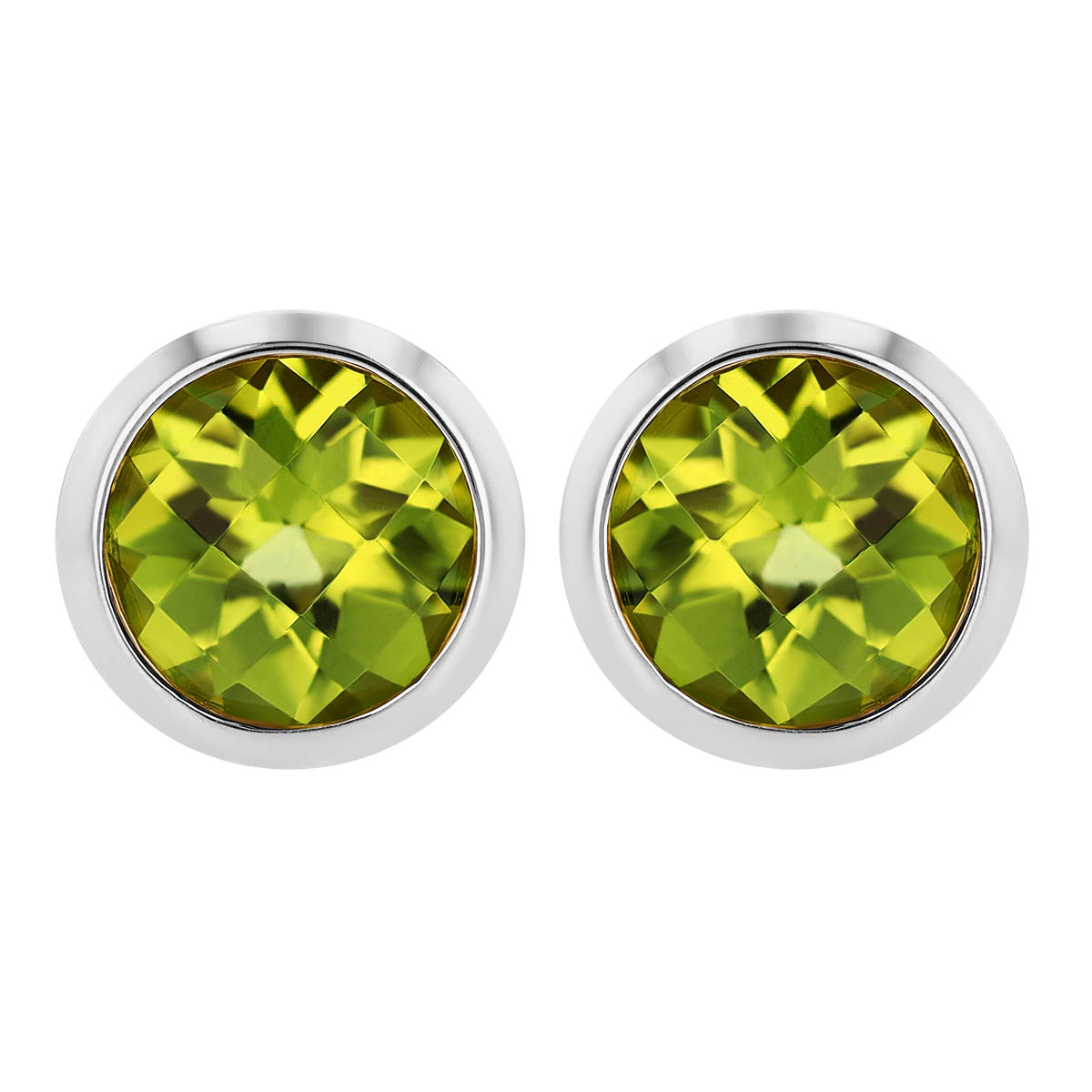 Round Checkerboard Peridot Bezel Set Stud Earrings in White Gold