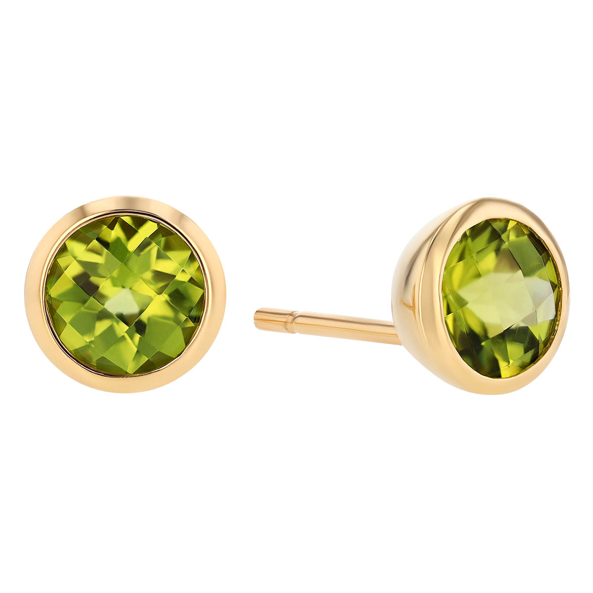 Round Checkerboard Peridot Bezel Set Stud Earrings in Yellow Gold