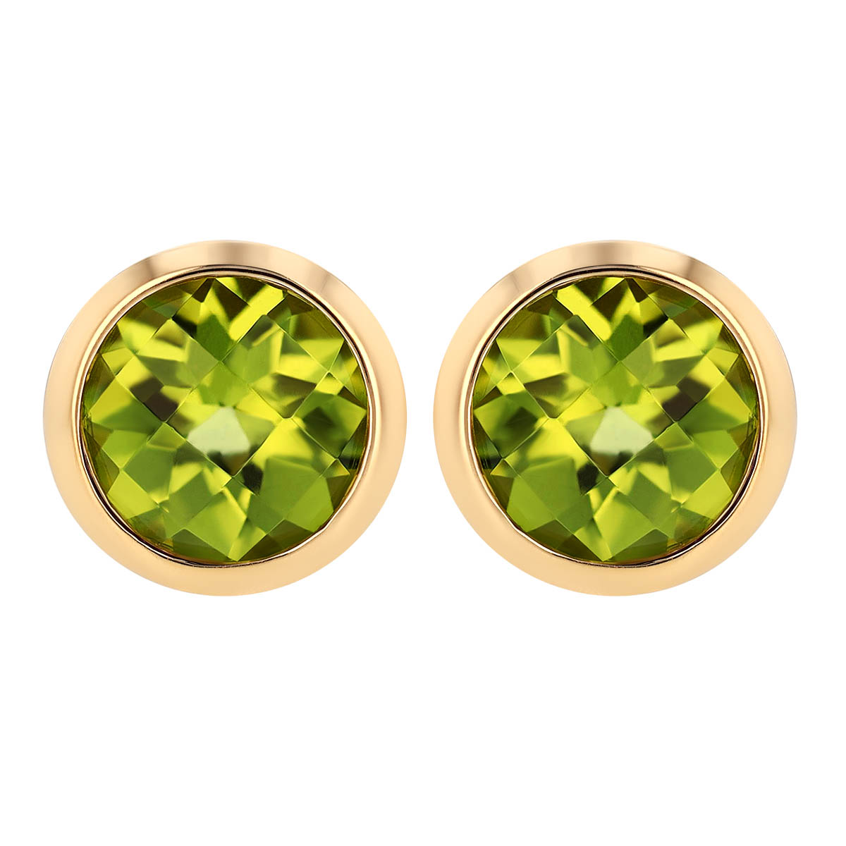 Round Checkerboard Peridot Bezel Set Stud Earrings in Yellow Gold