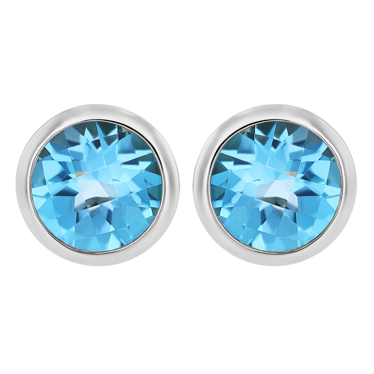Round Checkerboard Light Blue Topaz Bezel Set Stud Earrings in White Gold
