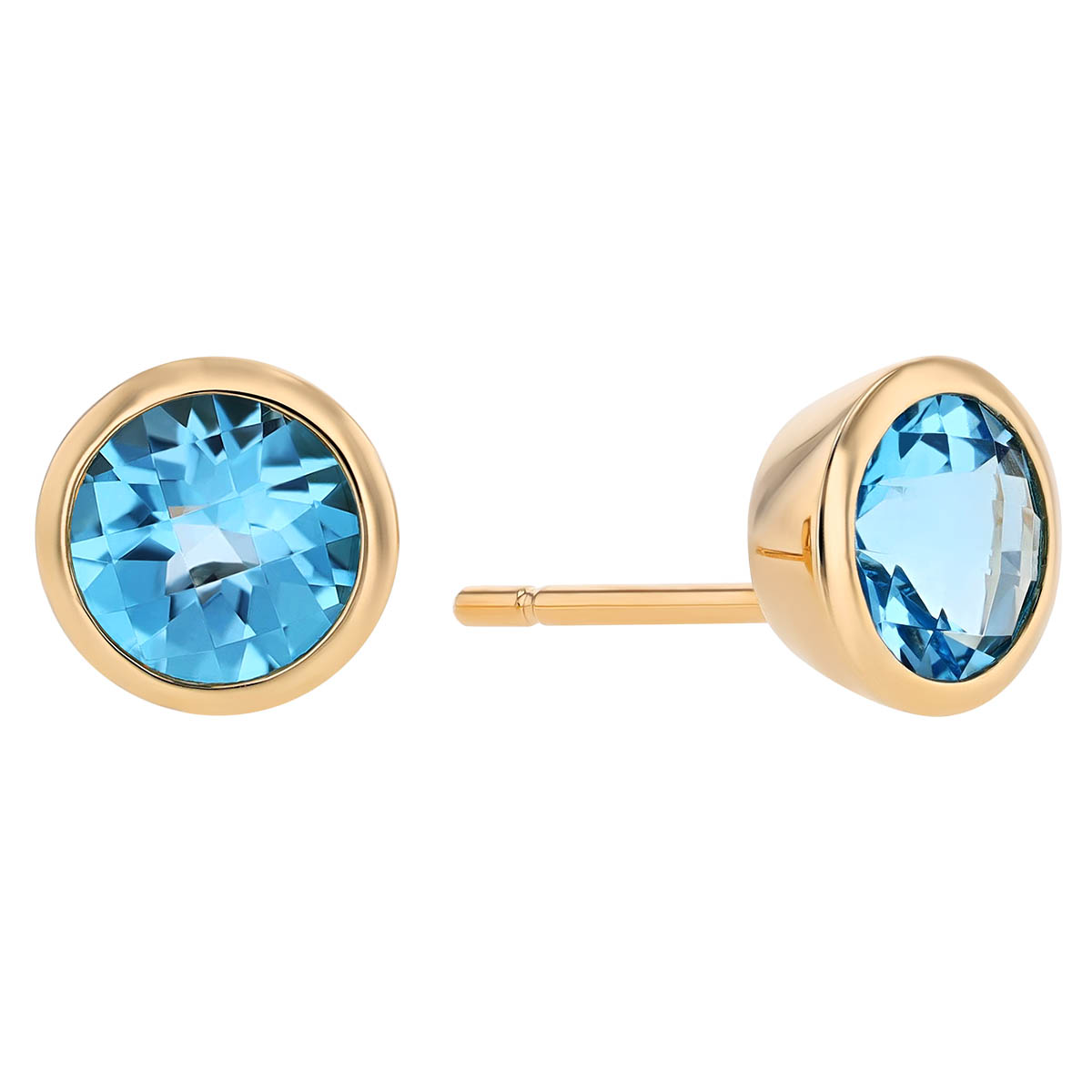 Round Checkerboard Light Blue Topaz Bezel Set Stud Earrings in Yellow Gold
