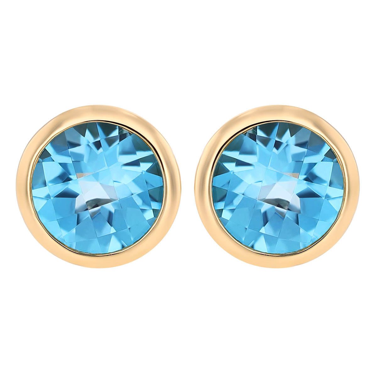 Round Checkerboard Light Blue Topaz Bezel Set Stud Earrings in Yellow Gold