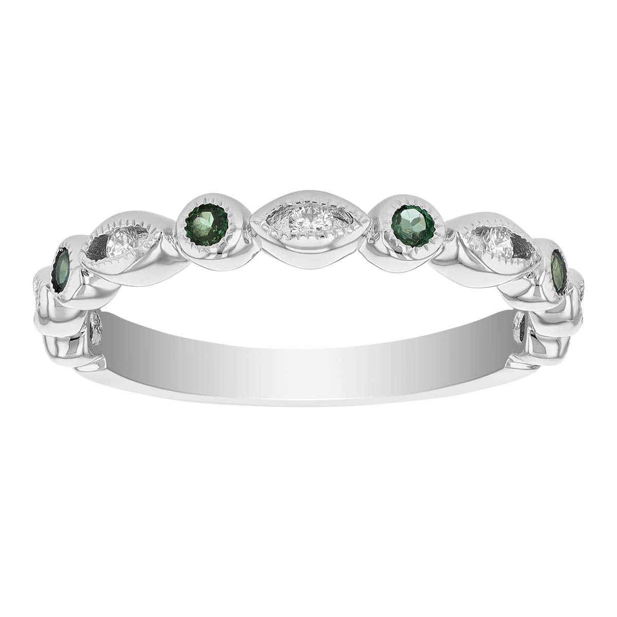 Alexandrite & Diamond Round & Navette Alternating Patterned Ring in White Gold