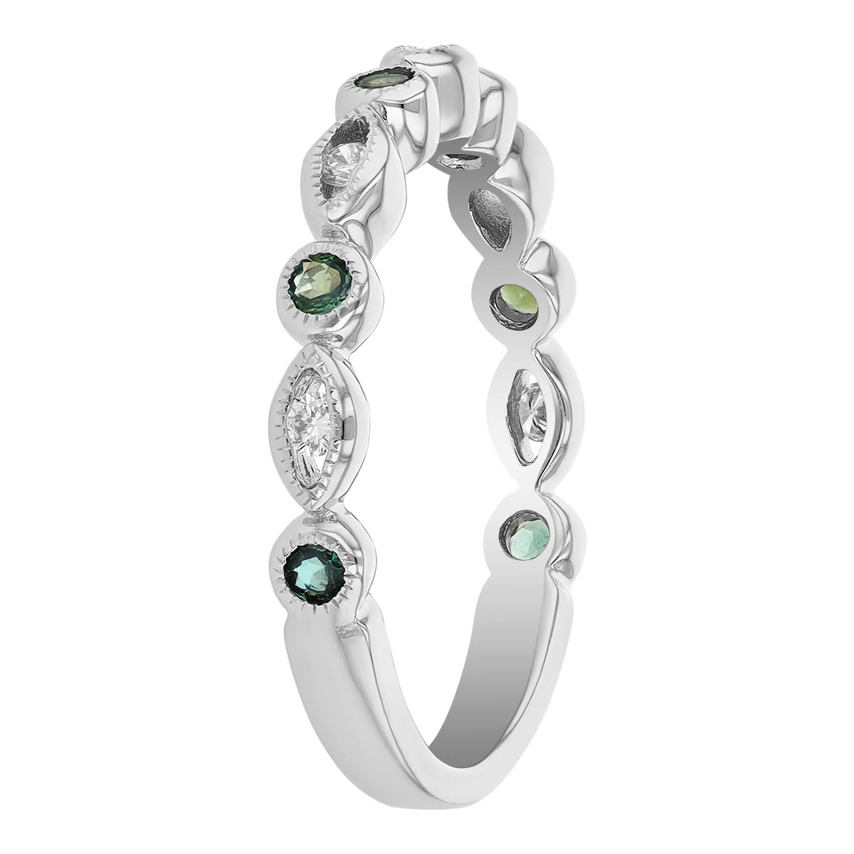 Alexandrite & Diamond Round & Navette Alternating Patterned Ring in White Gold