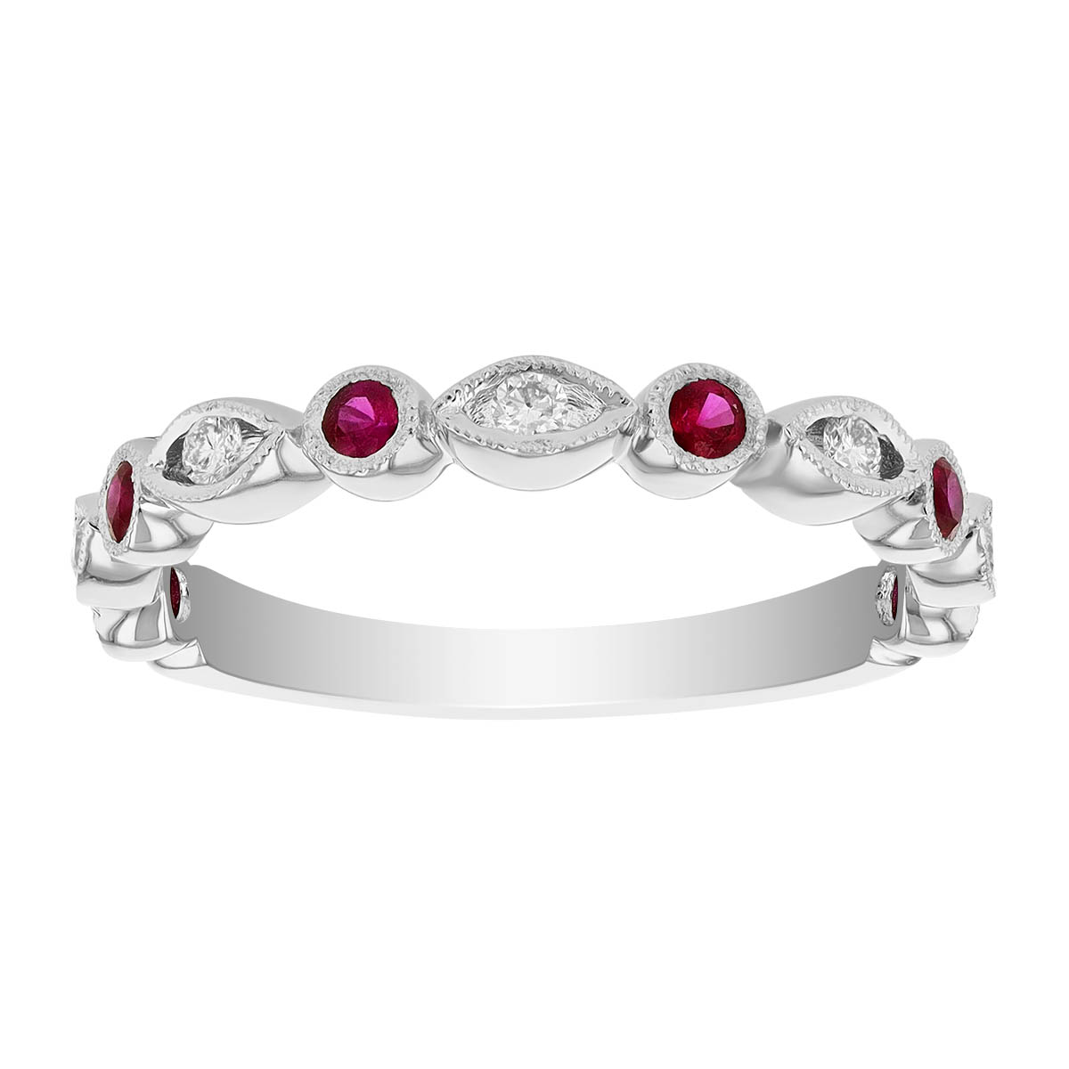 Ruby & Diamond Round & Navette Alternating Patterned Ring in White Gold