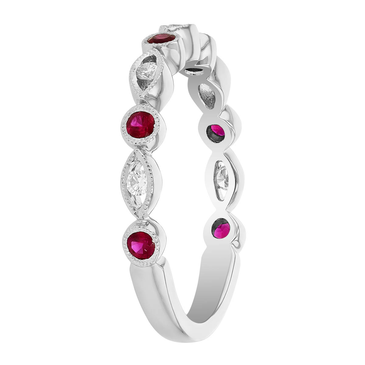 Ruby & Diamond Round & Navette Alternating Patterned Ring in White Gold
