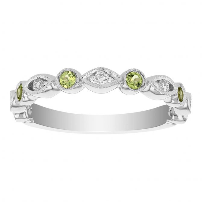 Peridot & Diamond Round & Navette Alternating Patterned Ring in White Gold