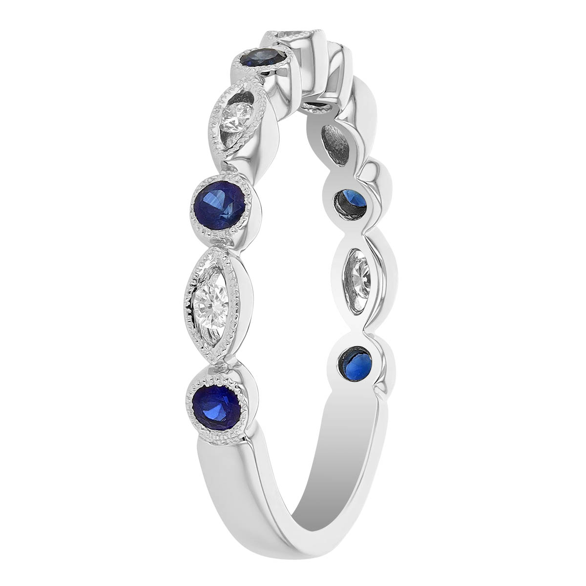 Sapphire & Diamond Round & Navette Alternating Patterned Ring in White Gold