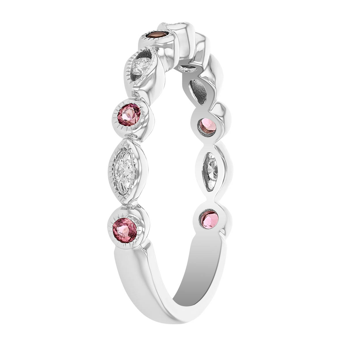 Tourmaline & Diamond Round & Navette Alternating Patterned Ring in White Gold
