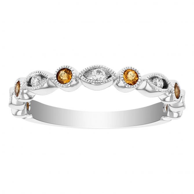 Citrine & Diamond Round & Navette Alternating Pattern Ring in White Gold