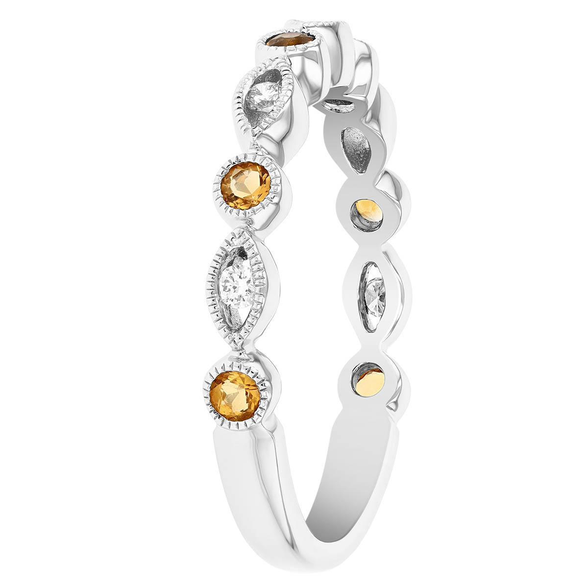 Citrine & Diamond Round & Navette Alternating Pattern Ring in White Gold