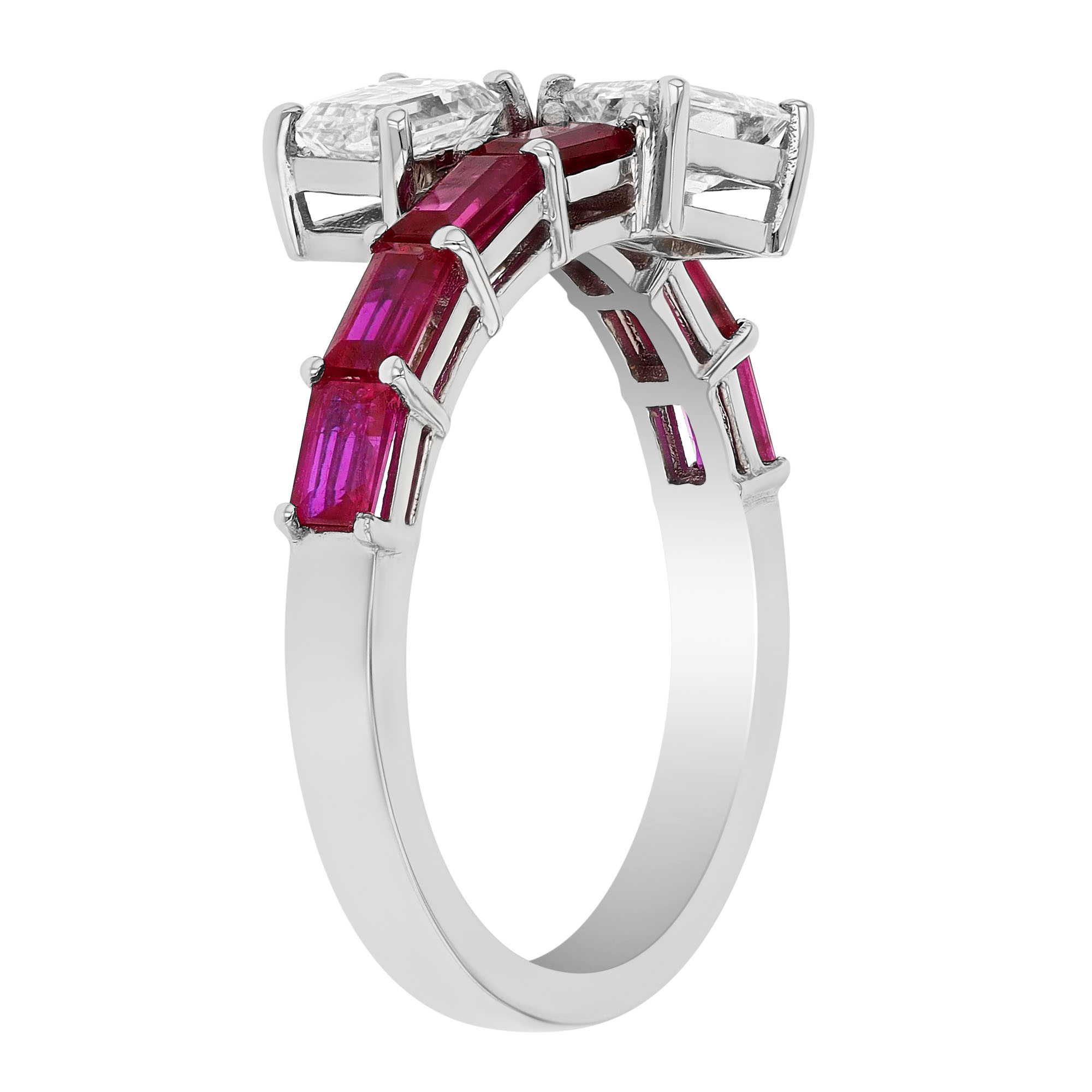 Emerald Cut Ruby & Diamond Bypass Ring in White Gold