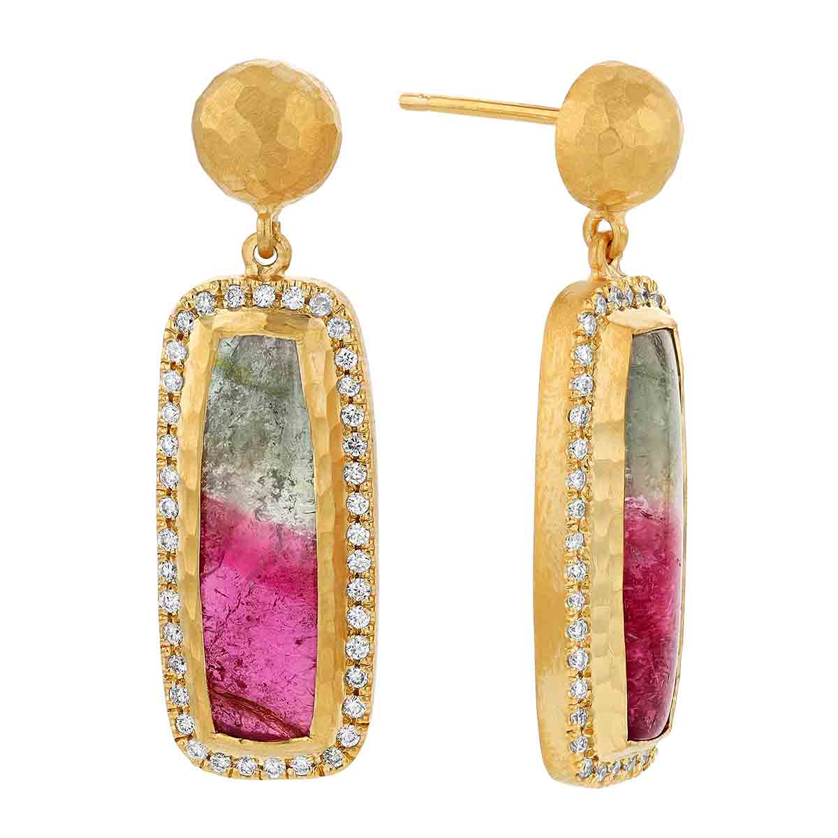 Marika Multicolored Tourmaline & Diamond Rectangle Dangle Earrings in Yellow Gold