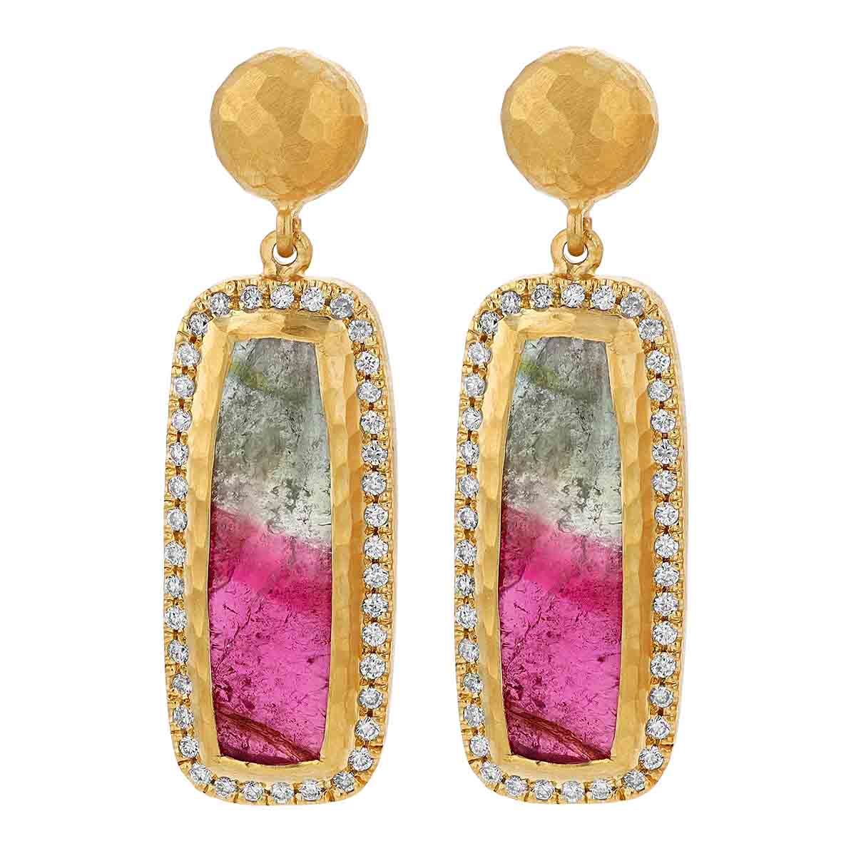 Marika Multicolored Tourmaline & Diamond Rectangle Dangle Earrings in Yellow Gold
