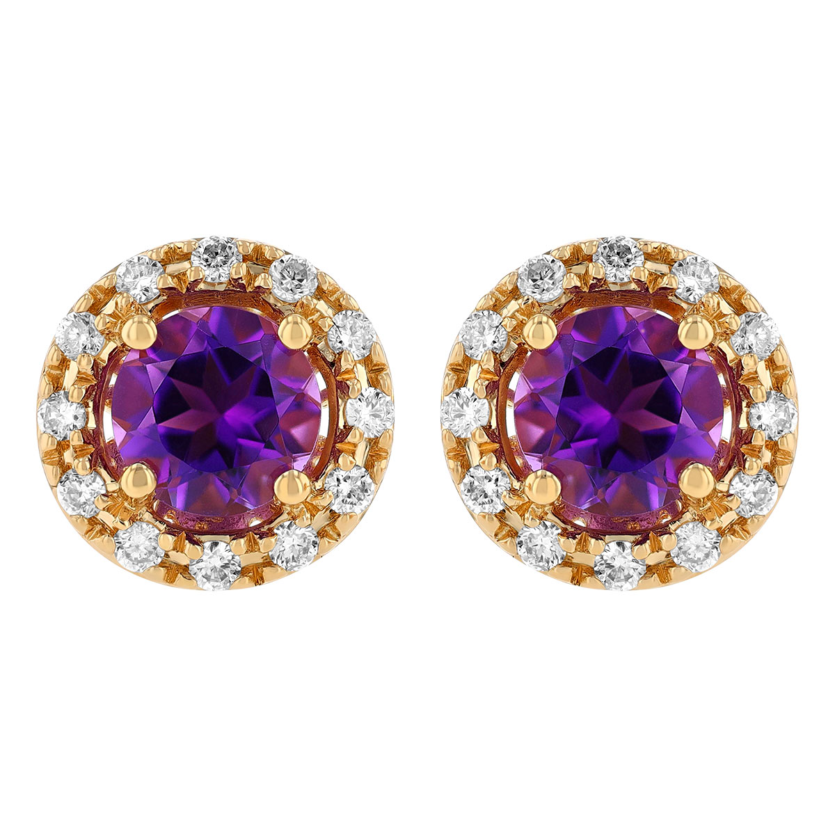 Round Amethyst & Diamond Halo Stud Earrings in Yellow Gold