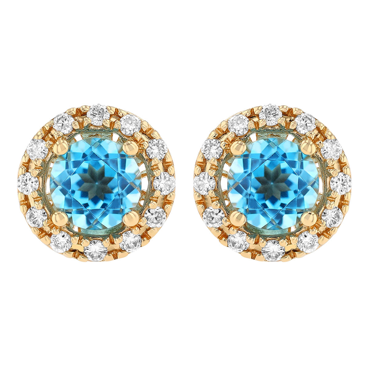 Round Blue Topaz & Diamond Halo Stud Earrings in Yellow Gold