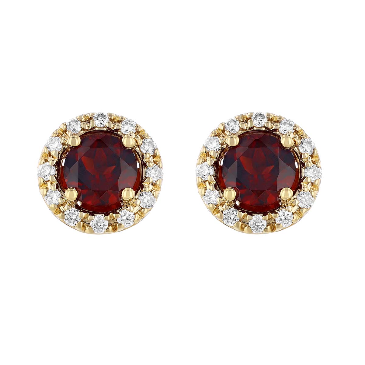 Round Garnet & Diamond Halo Stud Earrings in Yellow Gold