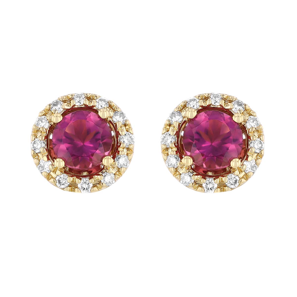 Round Pink Tourmaline & Diamond Halo Stud Earrings in Yellow Gold