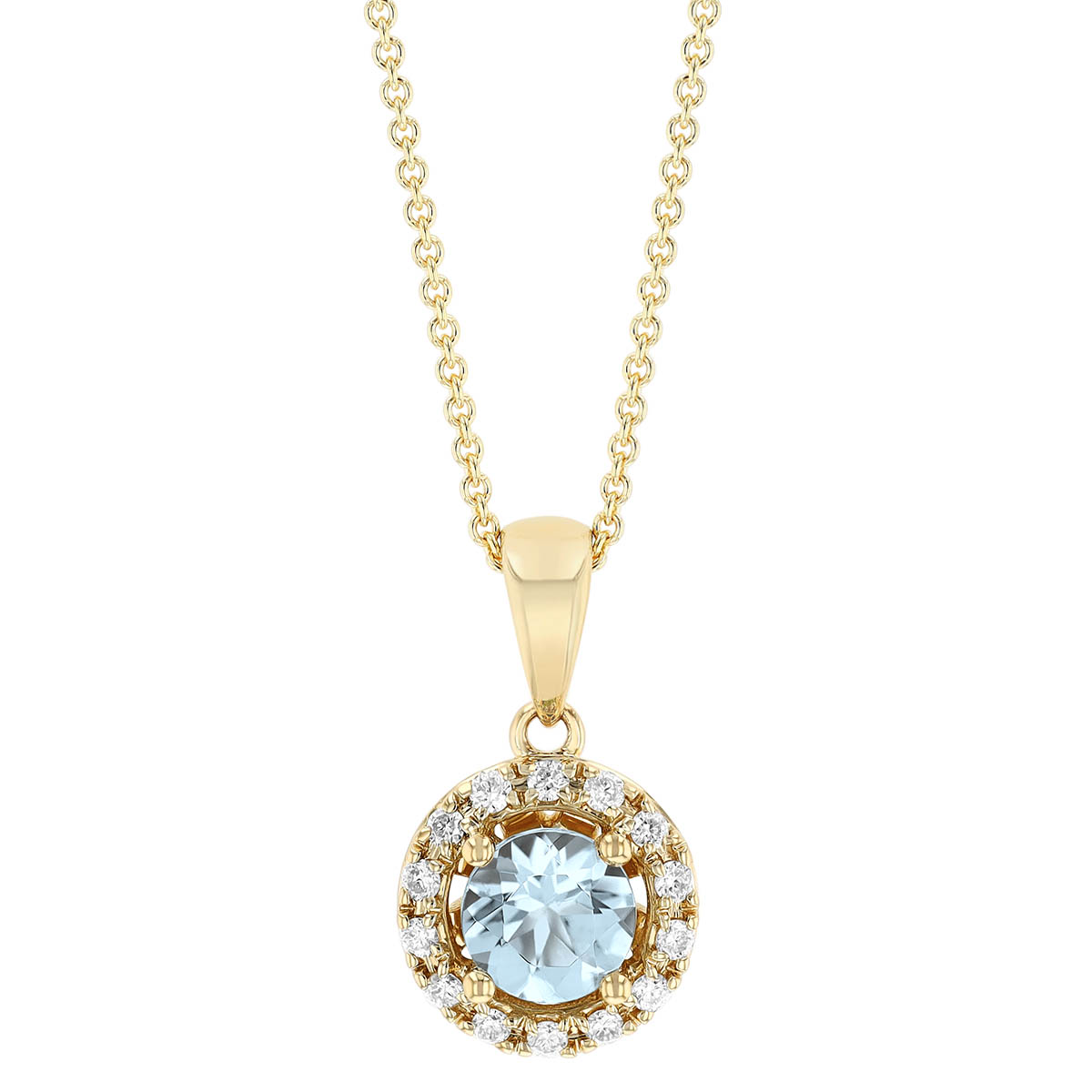 Round Aquamarine & Diamond Halo Pendant in Yellow Gold, 18