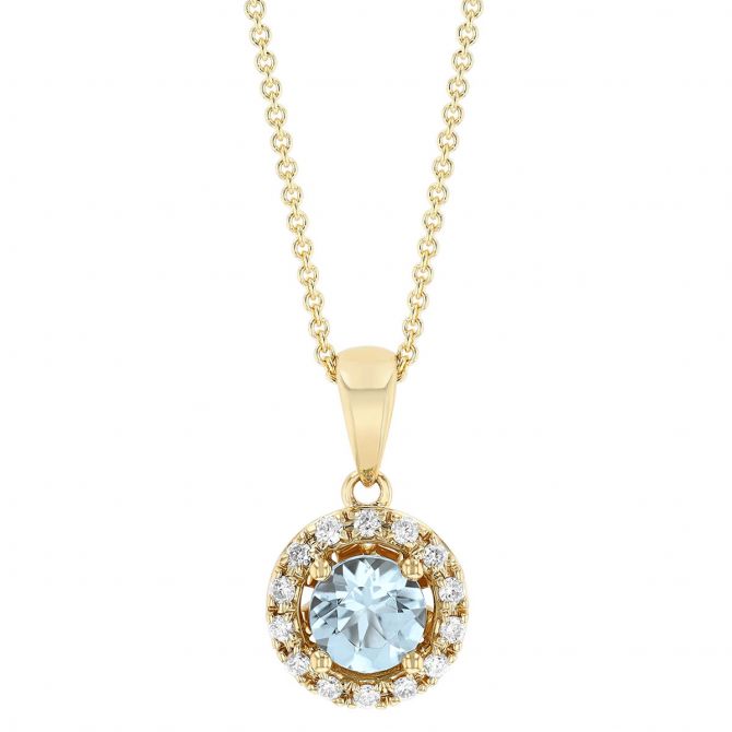 Round Aquamarine & Diamond Halo Pendant in Yellow Gold, 18"
