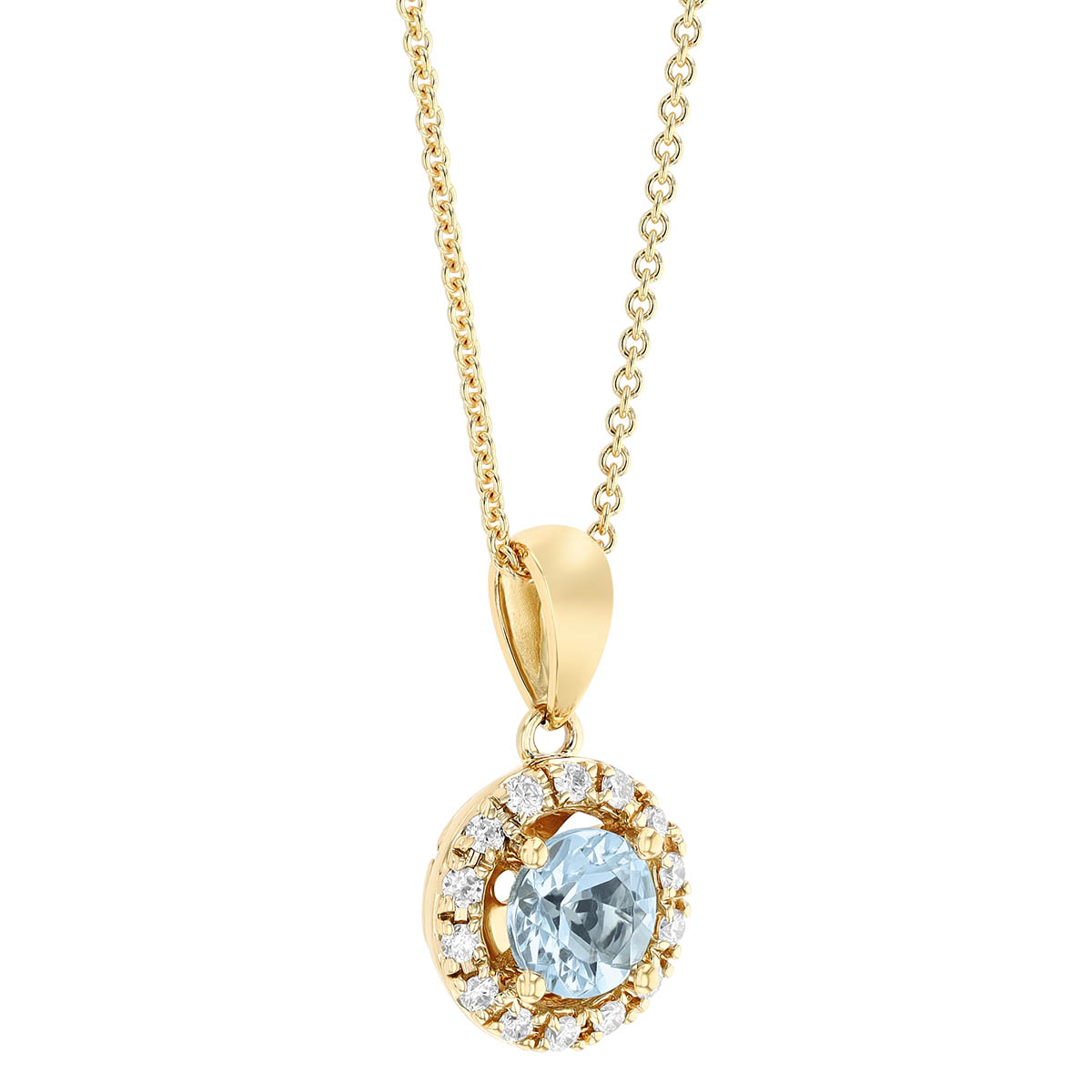 Round Aquamarine & Diamond Halo Pendant in Yellow Gold, 18