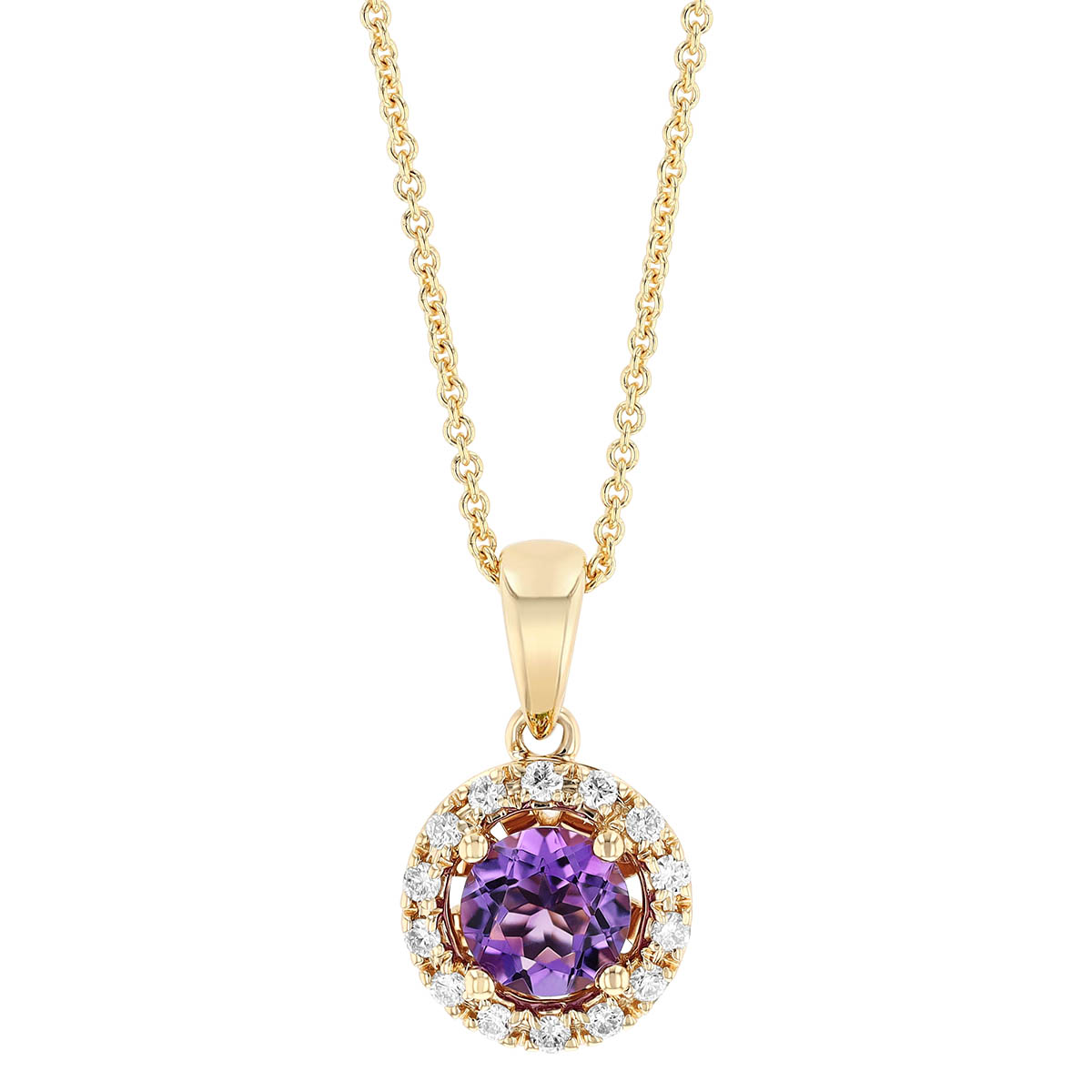 Round Amethyst & Diamond Halo Pendant in Yellow Gold, 18