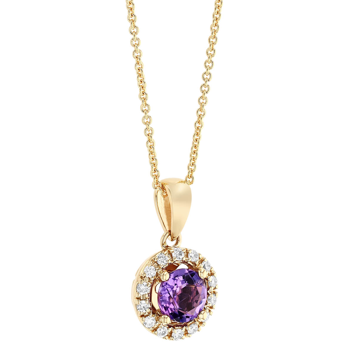 Round Amethyst & Diamond Halo Pendant in Yellow Gold, 18