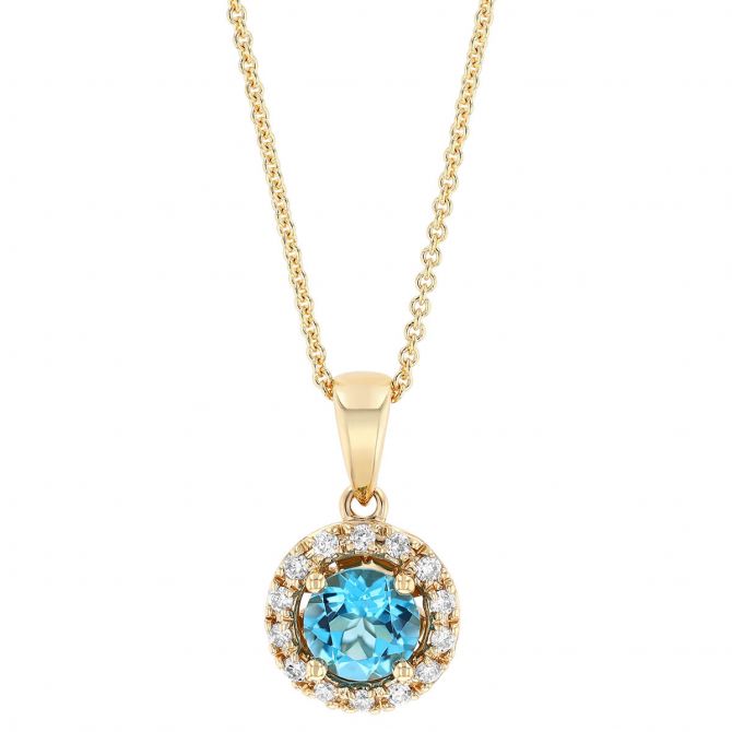Round Blue Topaz & Diamond Halo Pendant in Yellow Gold, 18"