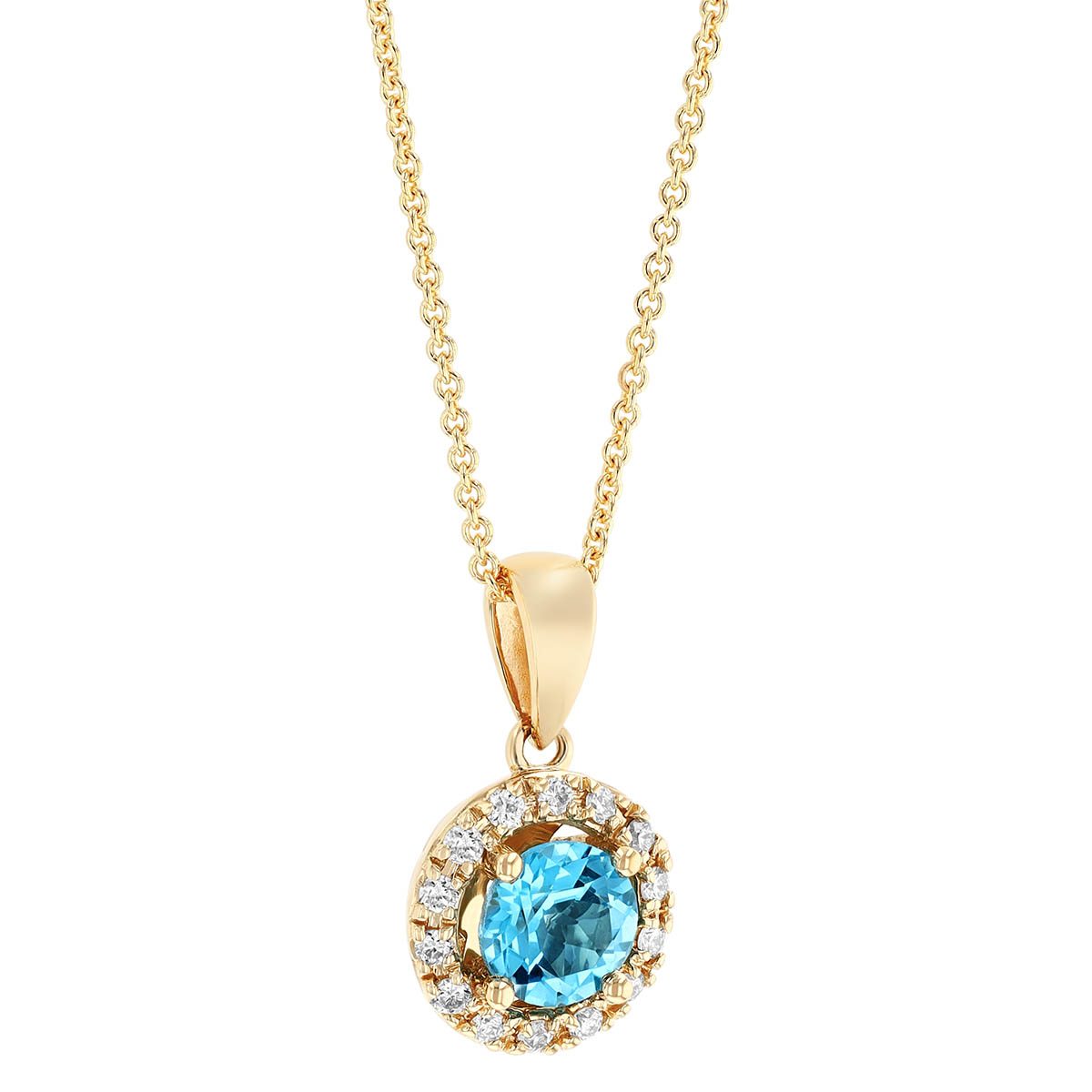 Round Blue Topaz & Diamond Halo Pendant in Yellow Gold, 18