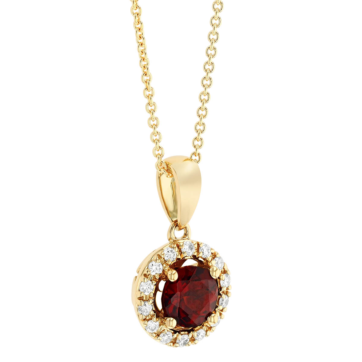 Round Garnet & Diamond Halo Pendant in Yellow Gold, 18