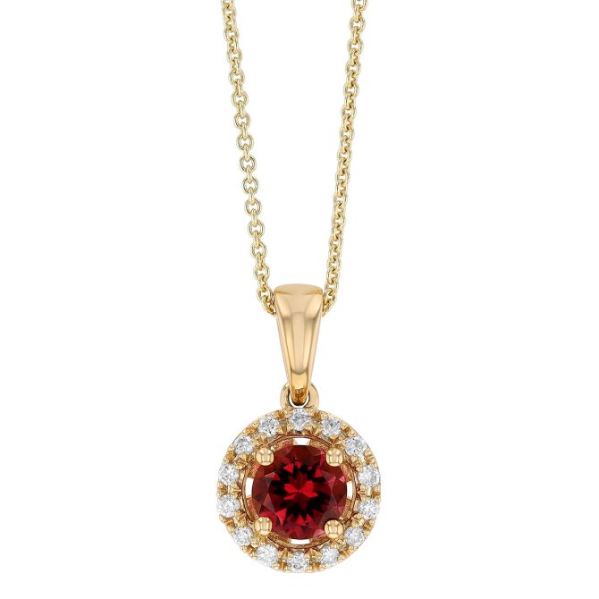 Round Pink Tourmaline & Diamond Halo Pendant in Yellow Gold, 18"