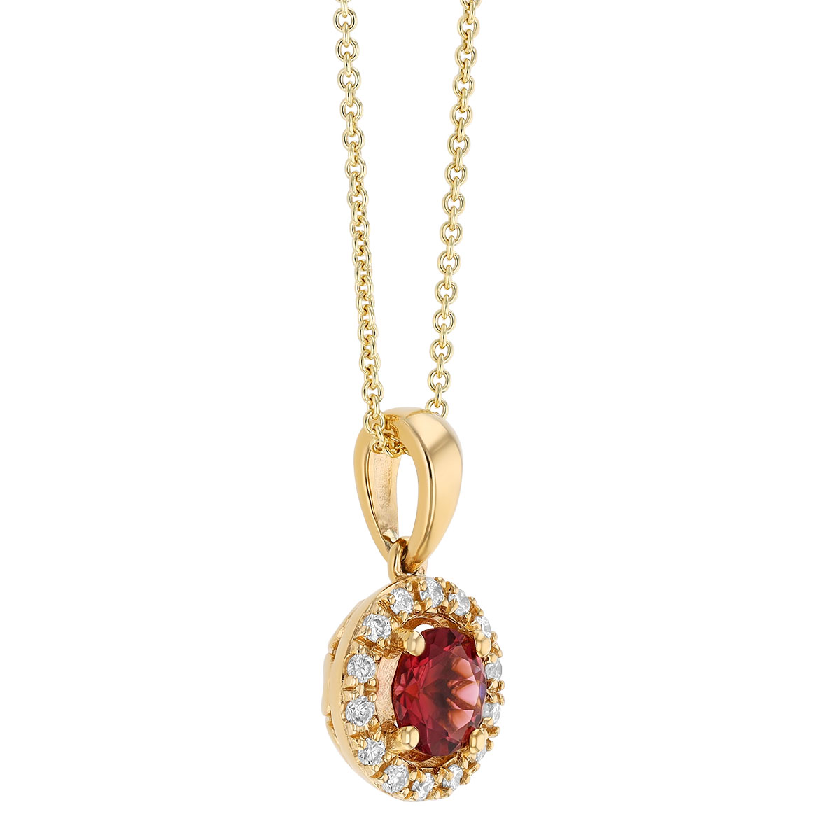Round Pink Tourmaline & Diamond Halo Pendant in Yellow Gold, 18