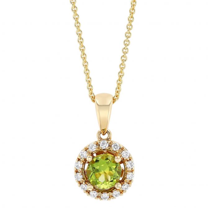 Round Peridot & Diamond Halo Pendant in Yellow Gold, 18"