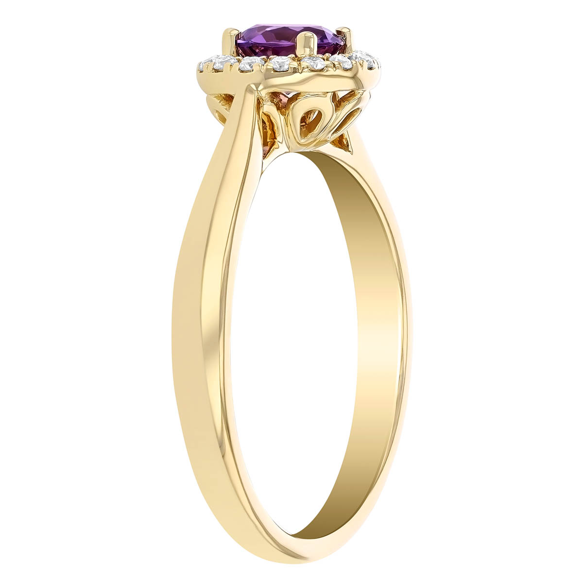 Round Amethyst & Diamond Halo Ring in Yellow Gold