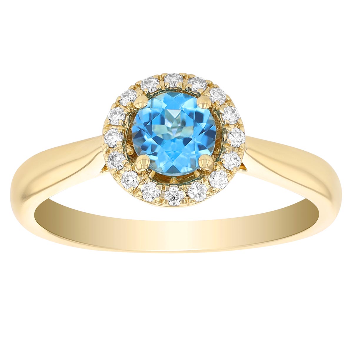 Round Blue Topaz & Diamond Halo Ring in Yellow Gold