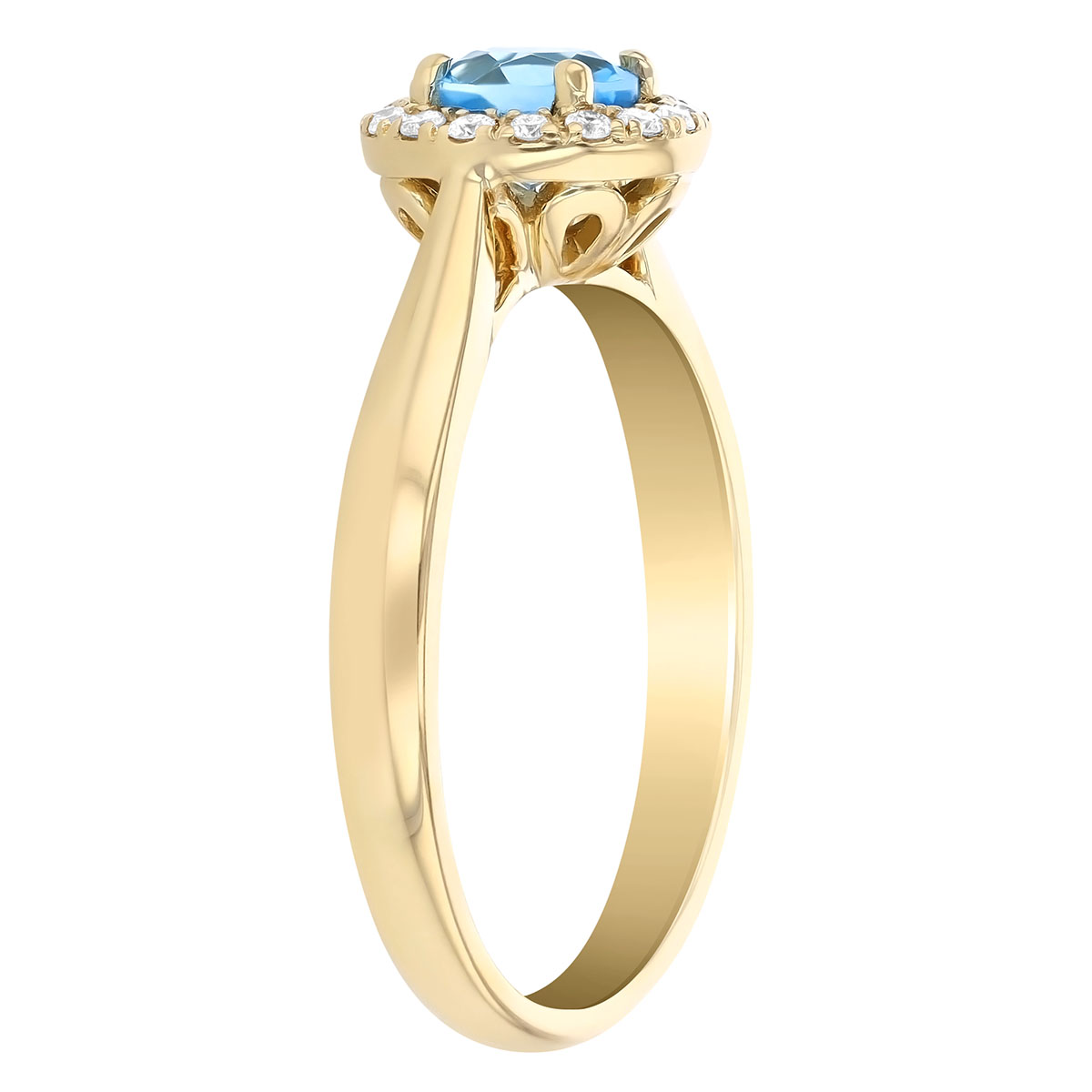Round Blue Topaz & Diamond Halo Ring in Yellow Gold