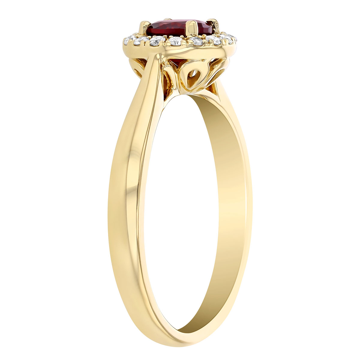Round Garnet & Diamond Halo Ring in Yellow Gold