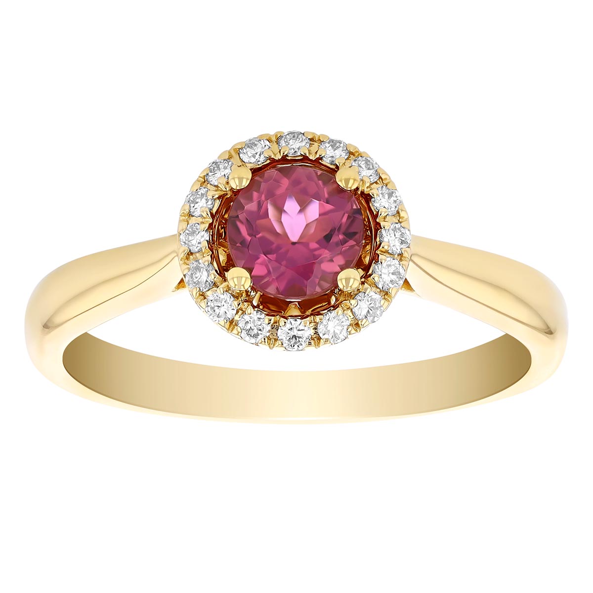 Round Pink Tourmaline & Diamond Halo Ring in Yellow Gold