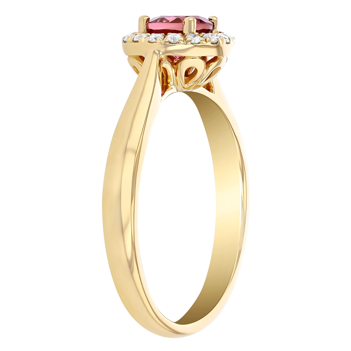 Round Pink Tourmaline & Diamond Halo Ring in Yellow Gold