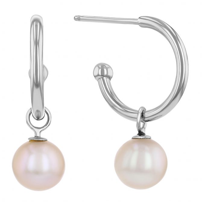 Cultured Pearl Dangle Hoop Earrings in White Gold