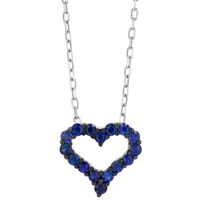Sapphire Open Heart Necklace in White Gold with Black Rhodium, 18"