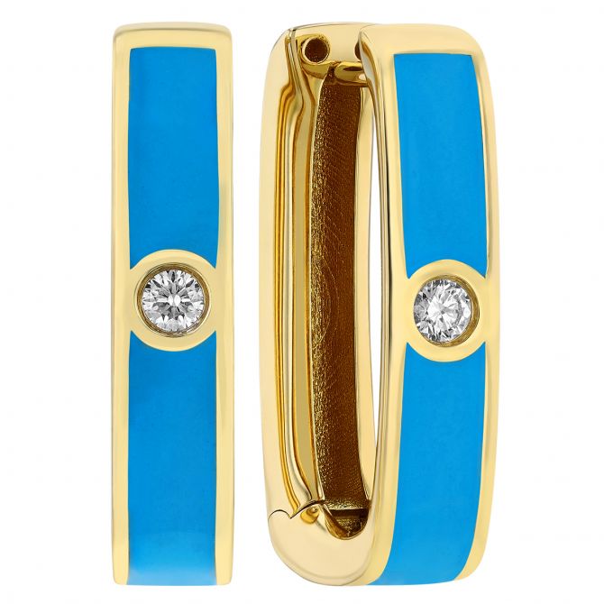 Blue Enamel & Diamond Soft Rectangle Hoop Earrings in Yellow Gold