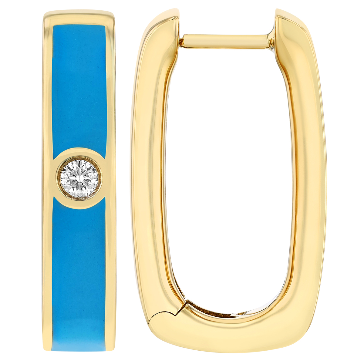 Blue Enamel & Diamond Soft Rectangle Hoop Earrings in Yellow Gold