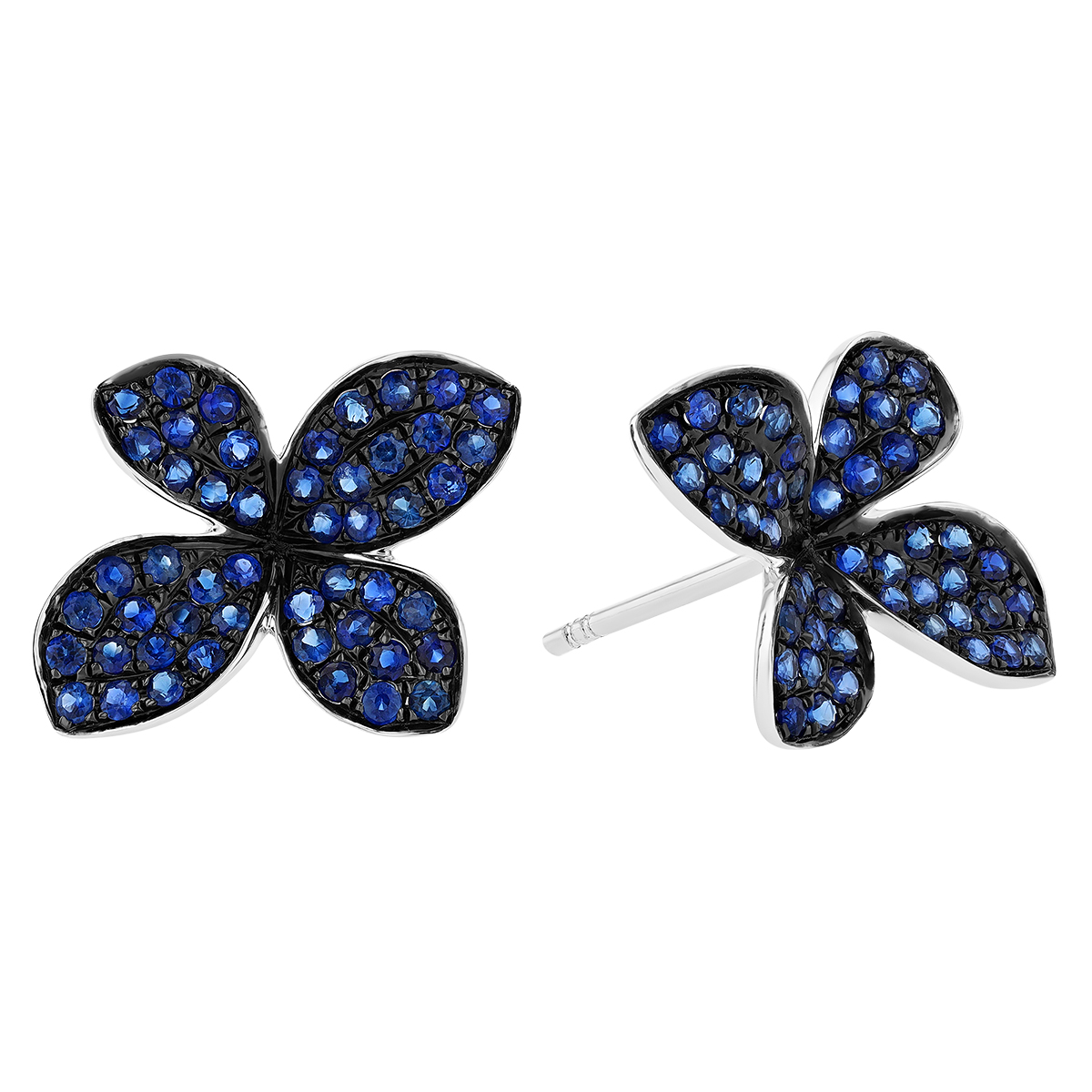 Sapphire Pave 4 Petal Flower Stud Earrings in White Gold with Black Rhodium