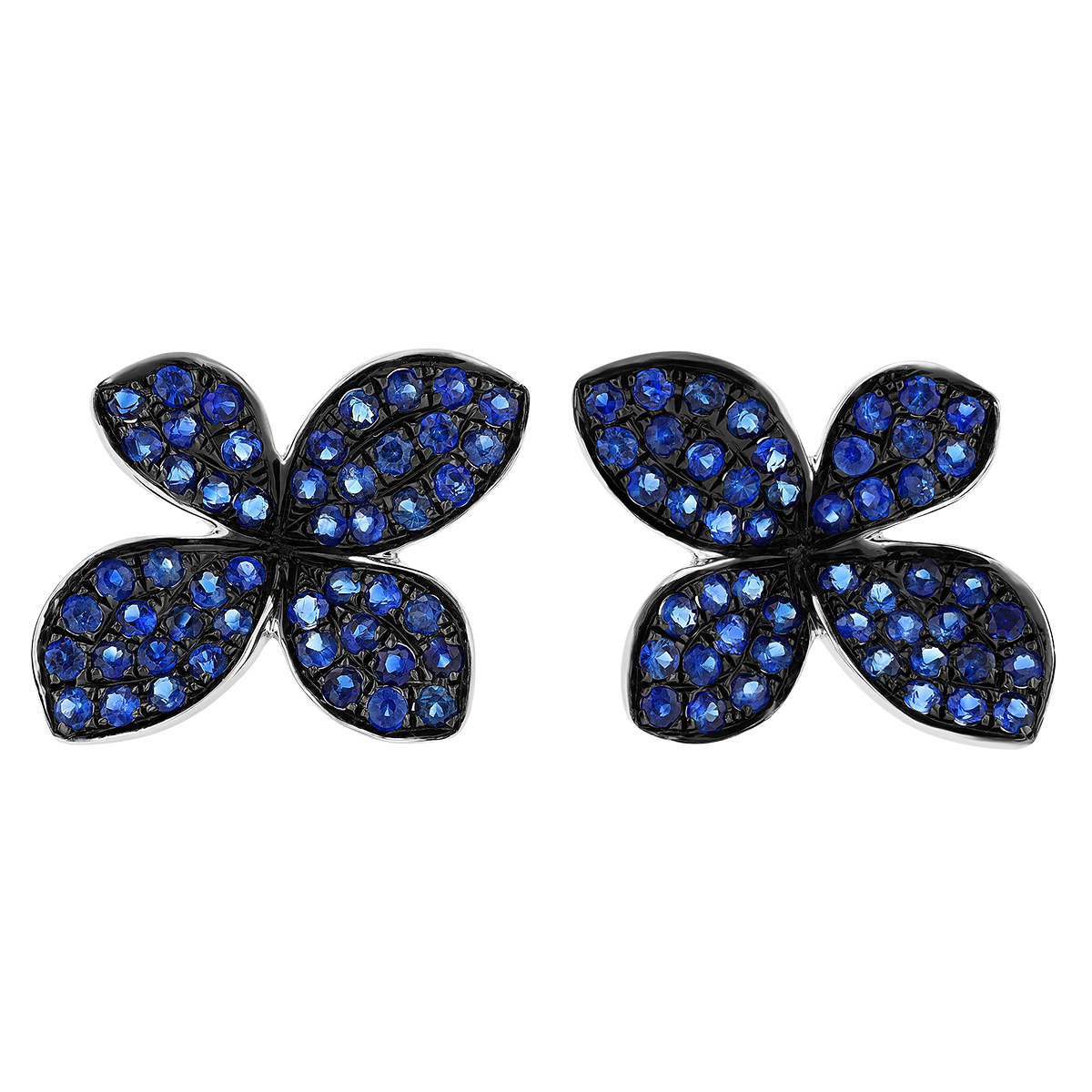 Sapphire Pave 4 Petal Flower Stud Earrings in White Gold with Black Rhodium